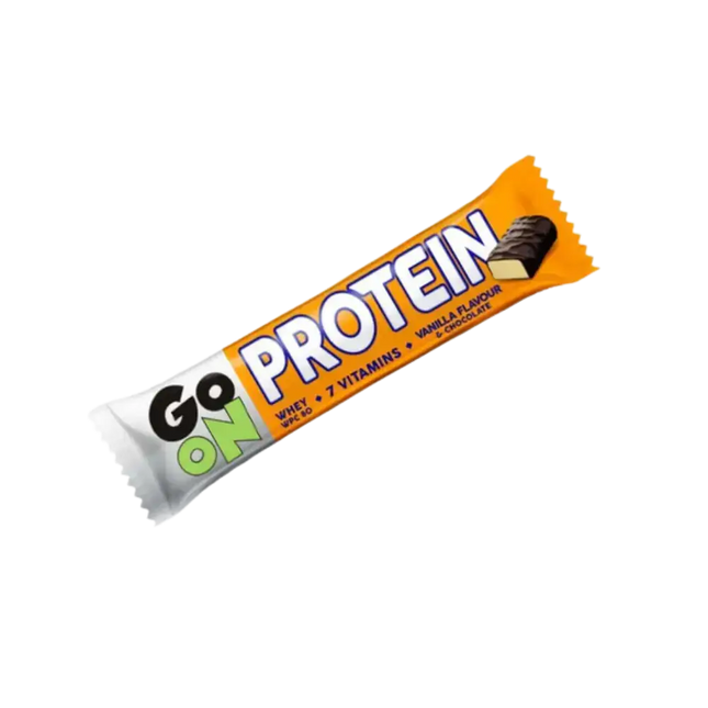 GO ON Protein Bar Vanilla 50g – Barre protéinée énergétique saveur vanille et chocolat, sans gluten, idéale pour la récupération musculaire et la collation sportive