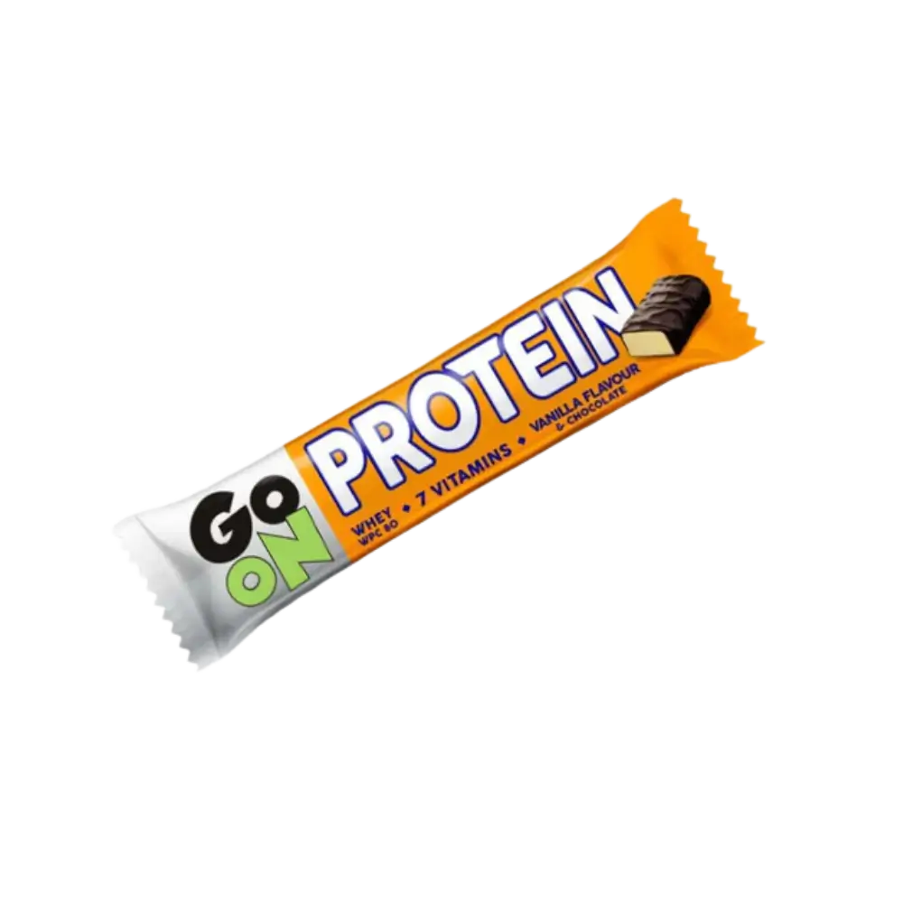 GO ON Protein Bar Vanilla 50g – Barre protéinée énergétique saveur vanille et chocolat, sans gluten, idéale pour la récupération musculaire et la collation sportive