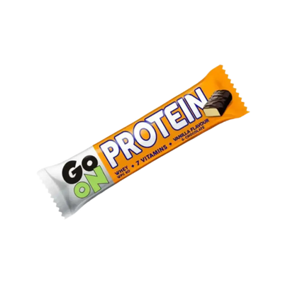 GO ON Protein Bar Vanilla 50g – Barre protéinée énergétique saveur vanille et chocolat, sans gluten, idéale pour la récupération musculaire et la collation sportive