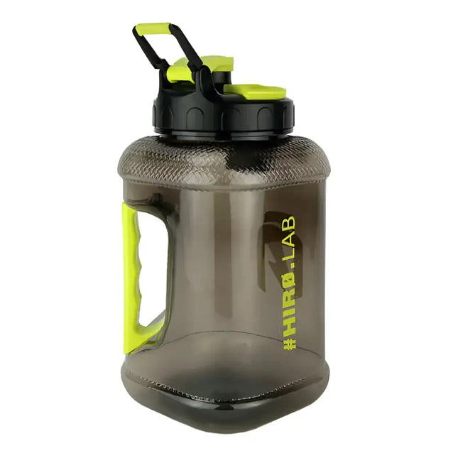 Gourde Water Jug Crater Cap 1.89L Hiro.Lab noire, avec bouchon hermétique et pilulier intégré, idéal pour musculation et fitness.