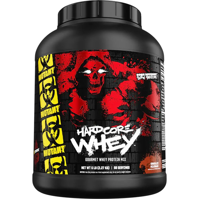 Conteneur noir en plastique de mutant hardcore whey 2270g avec absorption ultra-rapide et enzymes digestives ajoutées