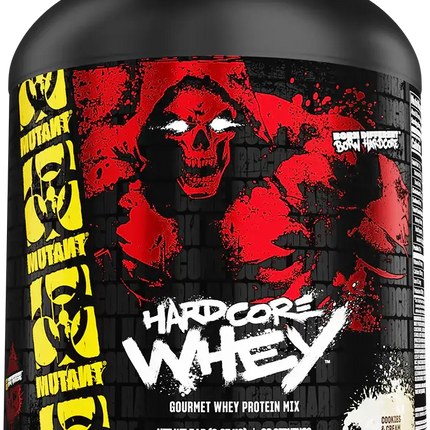 Conteneur noir de mutant hardcore whey protein 2270g avec étiquette rouge et jaune skull pour absorption ultra-rapide post-entraînement