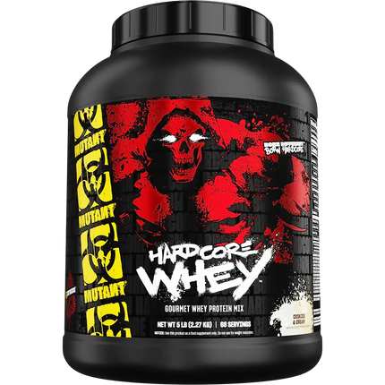 Conteneur noir de mutant hardcore whey protein 2270g avec étiquette rouge et jaune skull pour absorption ultra-rapide post-entraînement