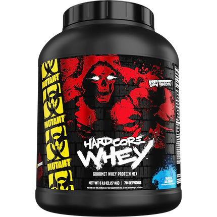 Boîte noire de mutant hardcore whey 2270g avec graphique crâne rouge noir et enzymes digestives ajoutées goût vanille