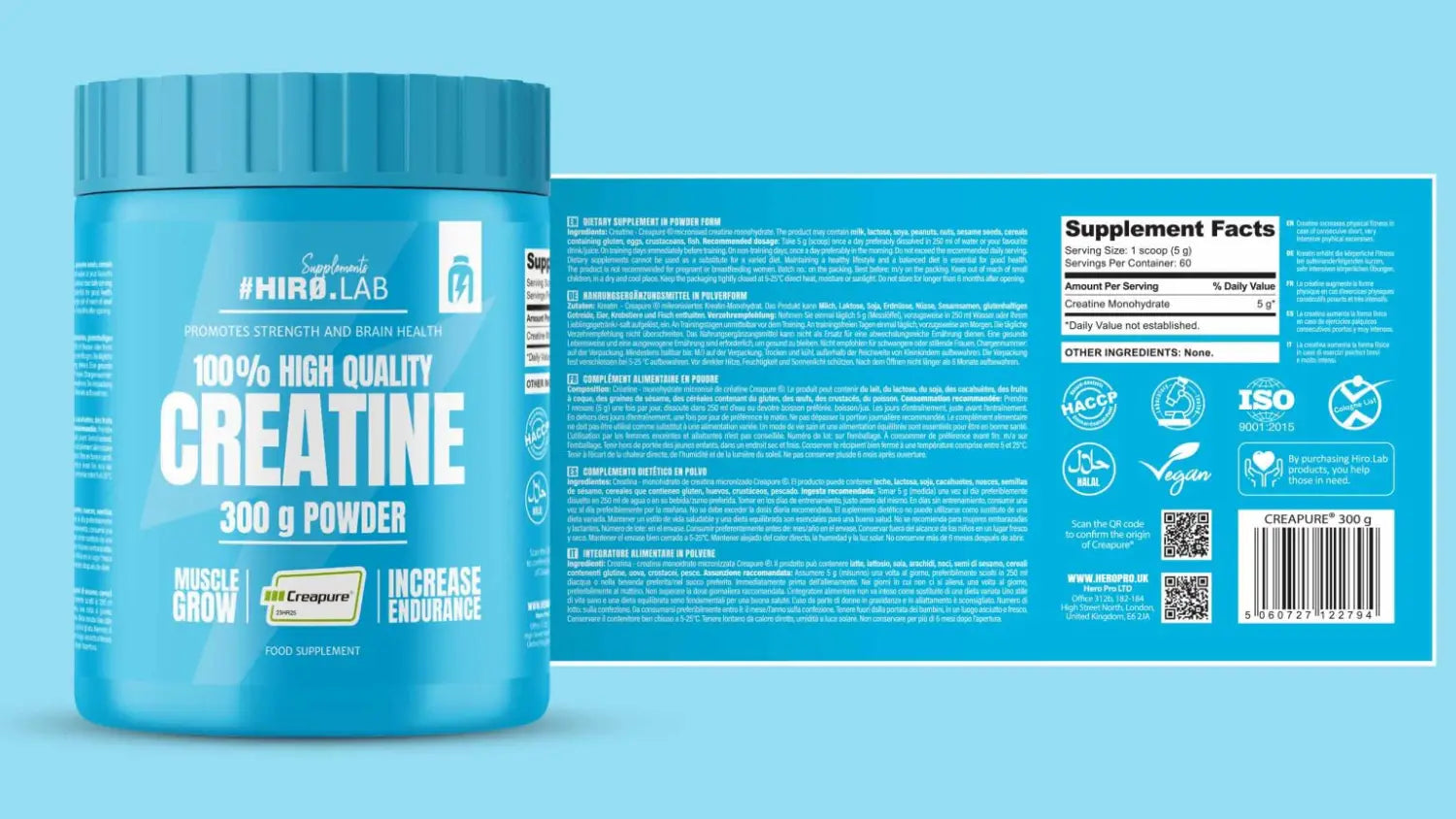 Étiquette du pot de Créatine Creapure Hiro.Lab 300g – Composition et informations nutritionnelles détaillées
