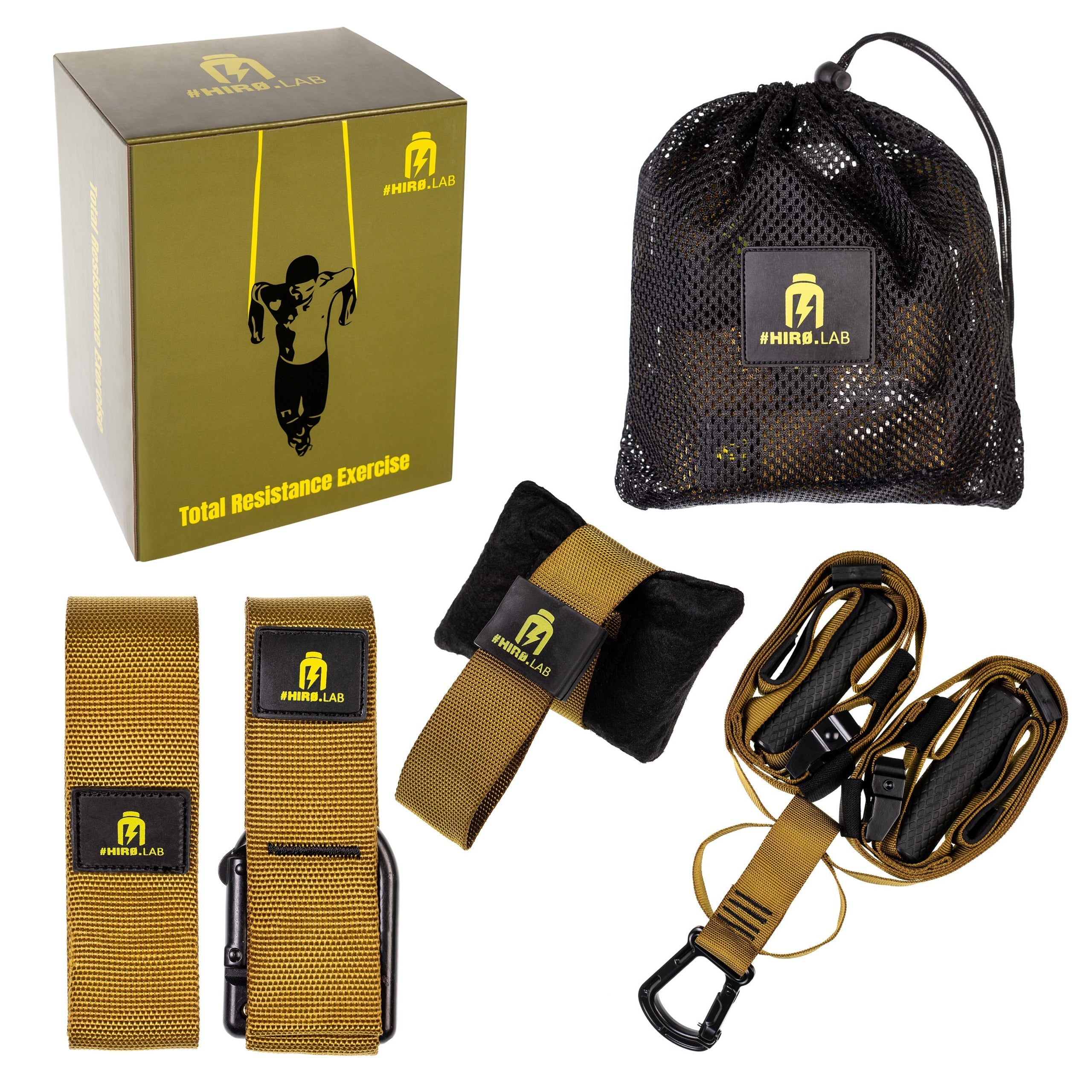Hiro.Lab Crossfit TRX Suspension Trainer Vert, avec sangles ajustables et poignées ergonomiques, idéal pour l’entraînement fonctionnel et le gainage.

