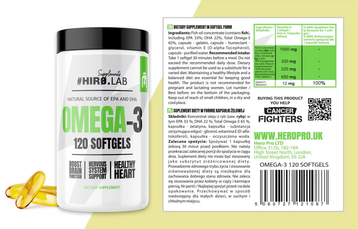 Étiquette Omega 3 Hiro Lab - Gélules riches en acides gras essentiels