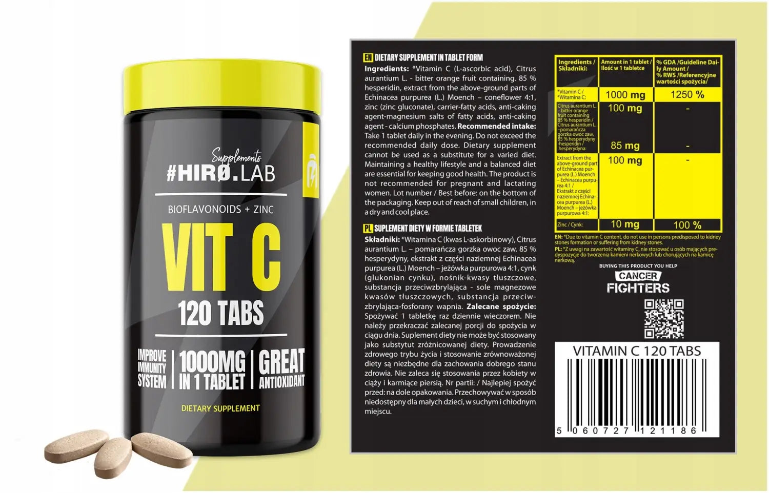 Tableau nutritionnel et composition de la Vitamine C 1000 mg Hiro Lab – Complément alimentaire antioxydant