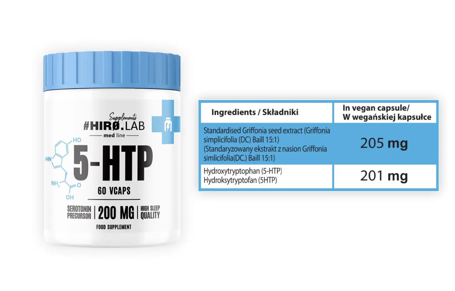 Complément alimentaire Hiro.Lab 5-HTP 200 mg – 60 gélules végétales, affichant la composition et les dosages en hydroxytryptophane extrait de Griffonia simplicifolia