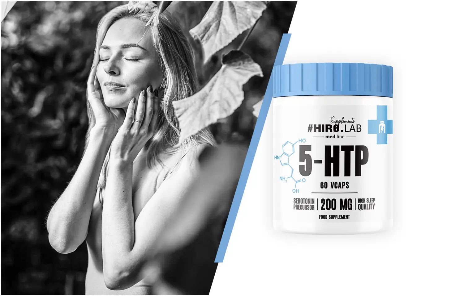 Femme étend les bienfaits du 5-HTP sur le bien-être mental et le sommeil, avec un flacon de Hiro.Lab 5-HTP 200 mg – 60 gélules végétales