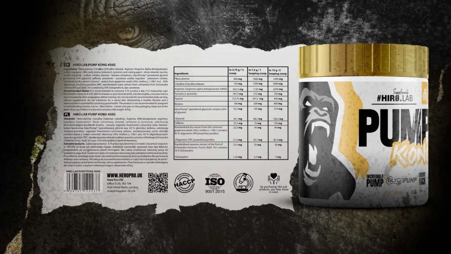 Pompe Kong Hiro.Lab | Liste des ingrédients actifs : GlycoPump®, bêta-alanine, citrulline, caféine, taurine et tyrosine pour booster l'intensité des entraînements.