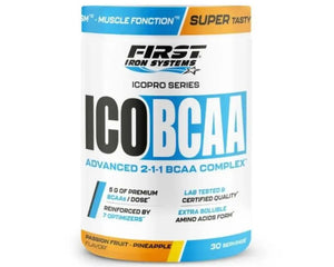 ICO BCAA Saveur Fruit de la Passion Ananas - First Iron Systems | Complément alimentaire sportif à base de BCAA 2:1:1, L-Glutamine et vitamines pour améliorer la récupération musculaire, la performance et la synthèse protéique.