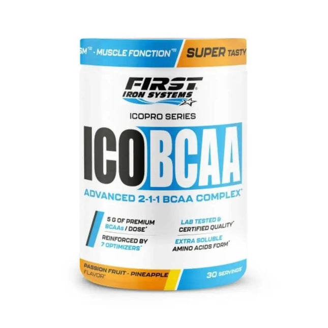 ICO BCAA Saveur Fruit de la Passion Ananas - First Iron Systems | Complément alimentaire sportif à base de BCAA 2:1:1, L-Glutamine et vitamines pour améliorer la récupération musculaire, la performance et la synthèse protéique.