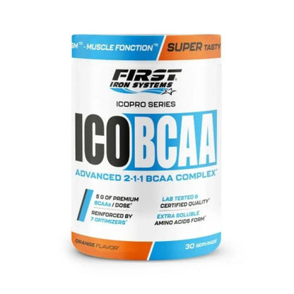 ICO BCAA Saveur Orange - First Iron Systems | Complément alimentaire sportif à base de BCAA 2:1:1, L-Glutamine et vitamines pour améliorer la récupération musculaire, la performance et la synthèse protéique.