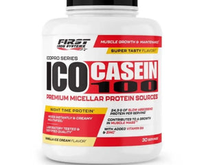ICO Casein 100 Saveur Vanille - First Iron Systems | Protéine à digestion lente pour un apport continu en acides aminés, favorisant la récupération musculaire et le maintien de la masse maigre.