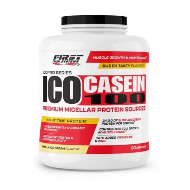 ICO Casein 100 Saveur Vanille - First Iron Systems | Protéine à digestion lente pour un apport continu en acides aminés, favorisant la récupération musculaire et le maintien de la masse maigre.