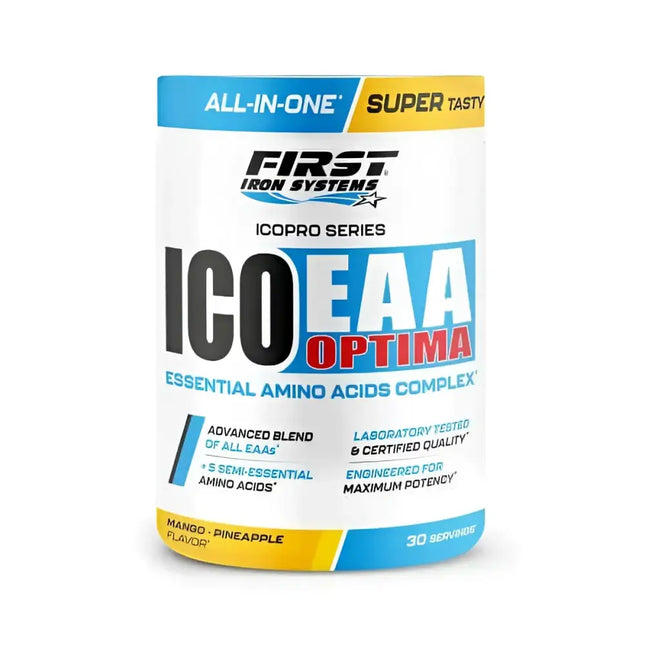 ICO EAA Optima Saveur Mangue Ananas - First Iron Systems | Complexe d'acides aminés essentiels avec BCAA, L-Glutamine et L-Citrulline pour une récupération musculaire rapide et une performance optimale