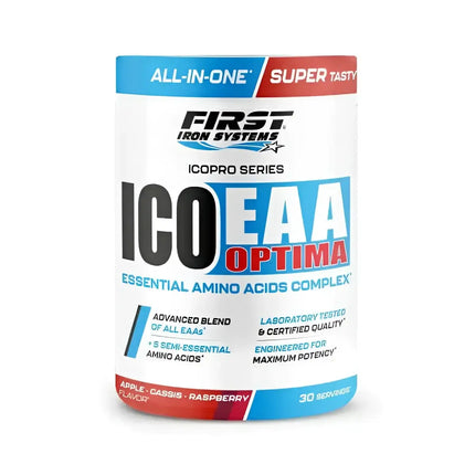 ICO EAA Optima Saveur Pomme Cassis Framboise - First Iron Systems | Complexe d'acides aminés essentiels avec BCAA, L-Glutamine et L-Citrulline pour une récupération musculaire rapide et une performance optimale