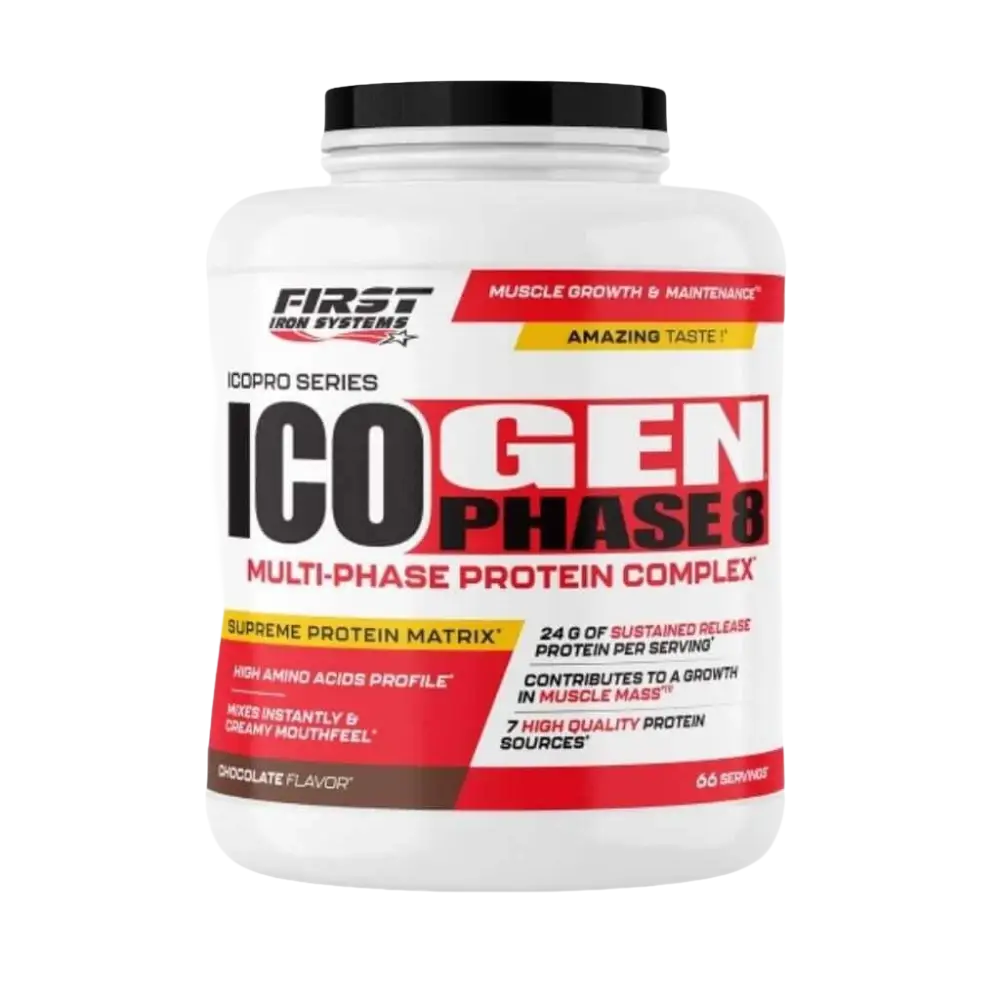 ICO GEN PHASE 8 Saveur Chocolat - First Iron Systems | Protéine multiphase à assimilation prolongée, idéale pour la prise de masse et la récupération musculaire.