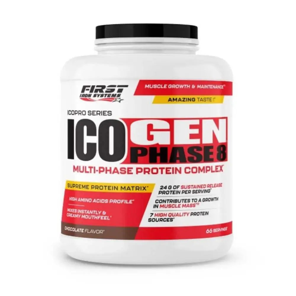 ICO GEN PHASE 8 Saveur Chocolat - First Iron Systems | Protéine multiphase à assimilation prolongée, idéale pour la prise de masse et la récupération musculaire.