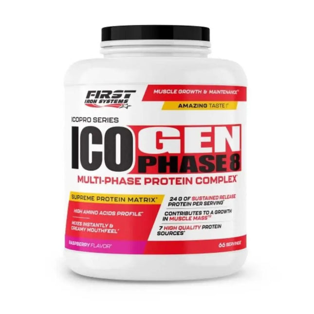 ICO GEN PHASE 8 Saveur Framboise - First Iron Systems | Protéine multiphase à assimilation prolongée, idéale pour la prise de masse et la récupération musculaire.