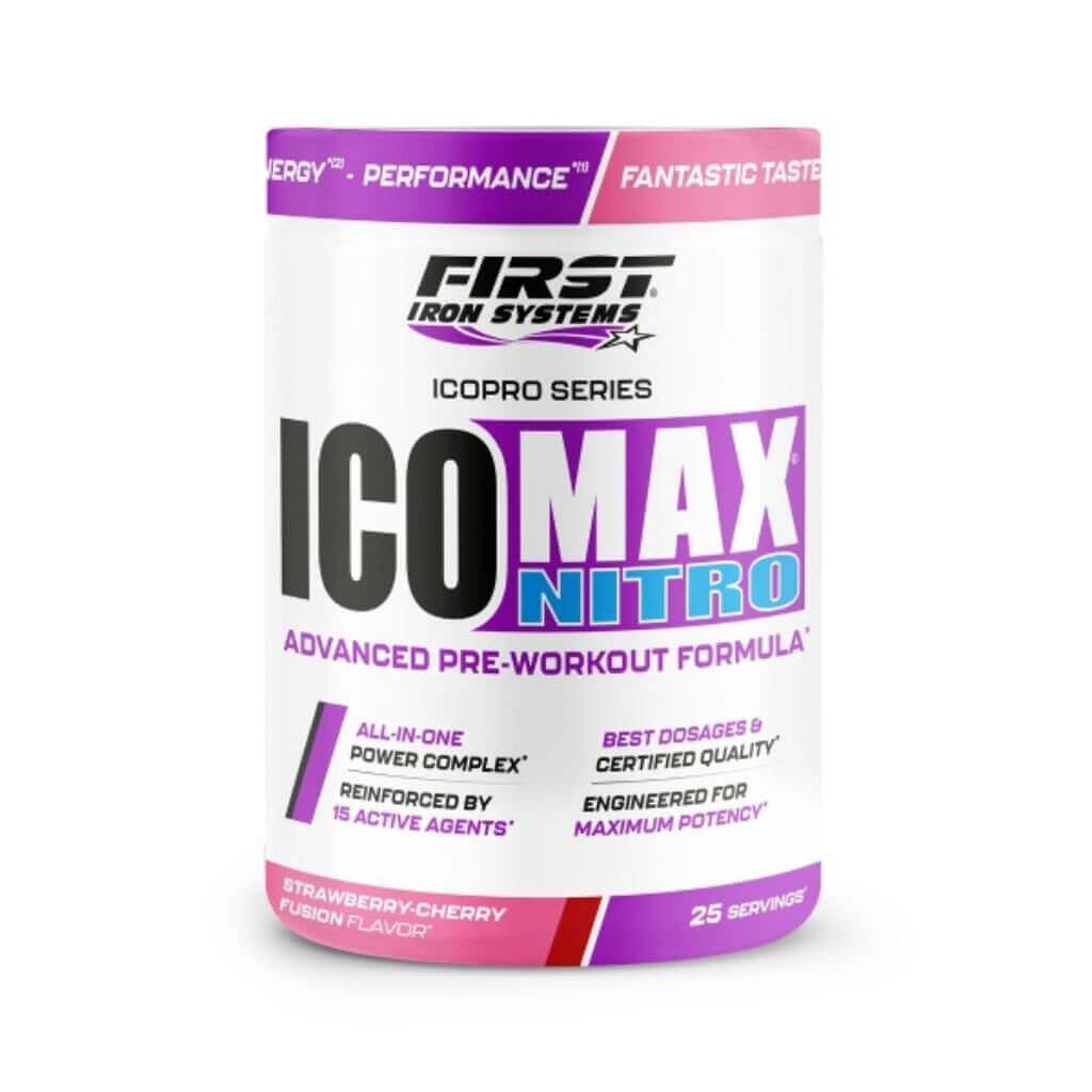 ICO MAX NITRO Saveur Fraise Cerise Fusion - First Iron Systems | Booster pré-entraînement puissant avec caféine, créatine, BCAA et vitamines pour des performances explosives et une congestion musculaire optimisée.