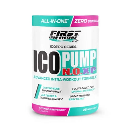 ICO PUMP NO XP Saveur Raspberry Intense - First Iron Systems | Booster intra-entraînement pour développer la masse musculaire, augmenter la densité et le volume musculaire, et optimiser la congestion musculaire grâce à l'oxyde nitrique (NO).