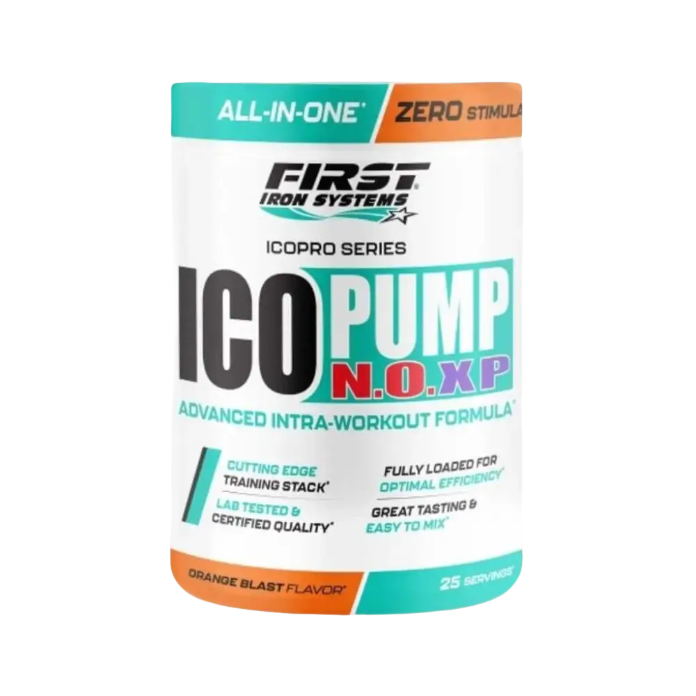 ICO PUMP NO XP Saveur Orange Blast - First Iron Systems | Booster intra-entraînement pour développer la masse musculaire, augmenter la densité et le volume musculaire, et optimiser la congestion musculaire grâce à l'oxyde nitrique (NO).