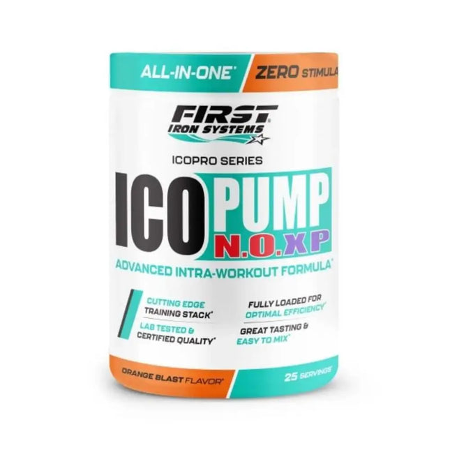 ICO PUMP NO XP Saveur Orange Blast - First Iron Systems | Booster intra-entraînement pour développer la masse musculaire, augmenter la densité et le volume musculaire, et optimiser la congestion musculaire grâce à l'oxyde nitrique (NO).