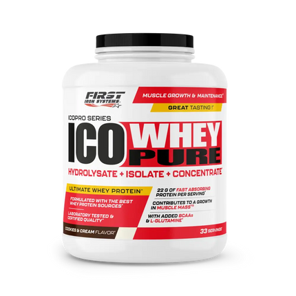 White plastic container with black lid of first iron systems ico whey pure 1000g featuring absorption rapide text