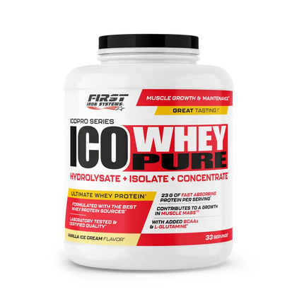 White plastic container with black lid labeled first iron systems ico whey pure 1000g featuring absorption rapide
