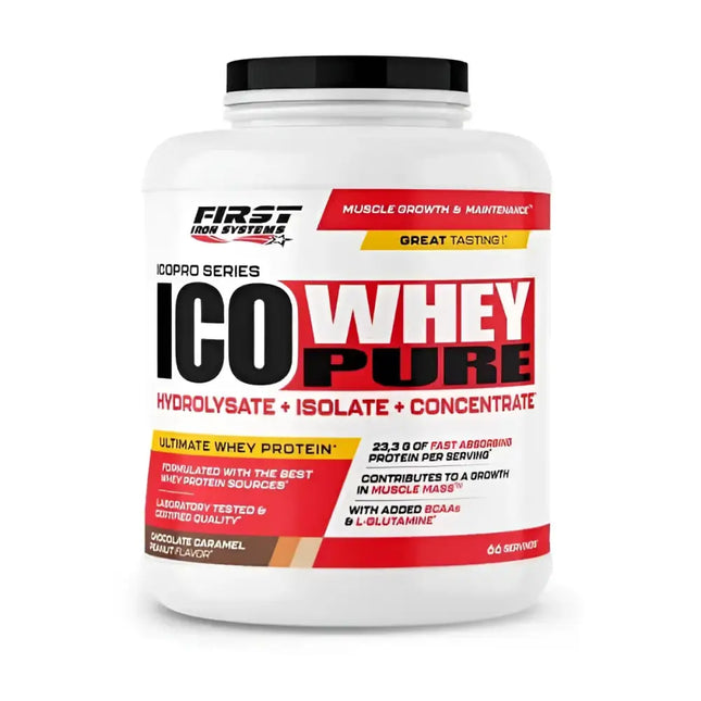 ICO WHEY PURE Chocolat Caramel Cacahuète - First Iron Systems | Protéine de lactosérum à absorption rapide pour le développement musculaire et la récupération optimale.