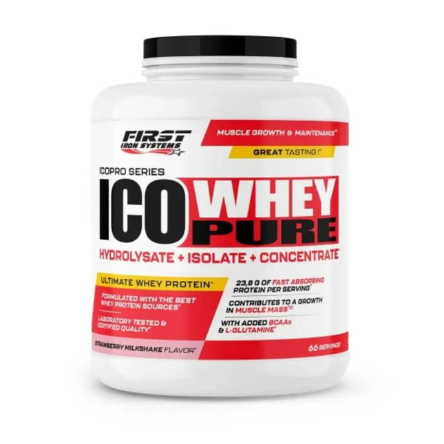 ICO WHEY PURE Saveur Strawsberry milkshake - First Iron Systems | Protéine de lactosérum à absorption rapide pour le développement musculaire et la récupération optimale.