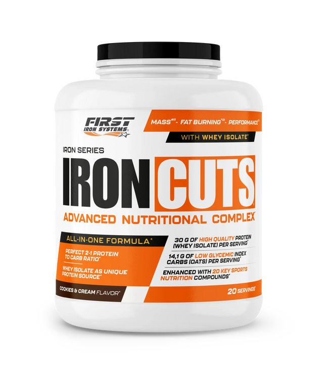 Conteneur blanc en plastique à couvercle noir avec étiquette orange et noire iron cuts 1100g de first iron systems, complexe nutritionnel tout-en-un