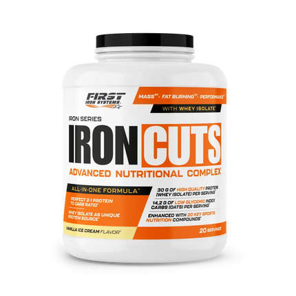 Pot de plastique blanc avec couvercle noir et étiquette orange et noire iron cuts protéine vanille 1100g complexe nutritionnel tout-en-un farine d’avoine complète complète ig bas