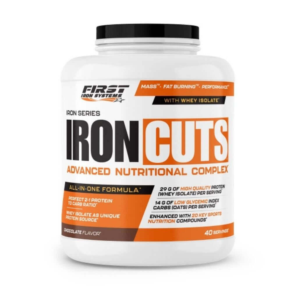 Iron Cuts Saveur Chocolat - First Iron Systems | Complément alimentaire tout-en-un pour le développement musculaire sec et la définition, enrichi en protéines, BCAA, créatine et agents brûle-graisse.