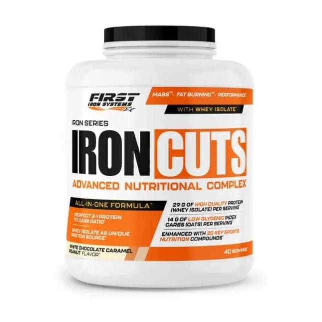Iron Cuts Saveur Chocolat Blanc Caramel Cacahuete - First Iron Systems | Complément alimentaire tout-en-un pour le développement musculaire sec et la définition, enrichi en protéines, BCAA, créatine et agents brûle-graisse.