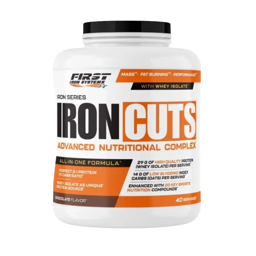 Iron Cuts Saveur Chocolat - First Iron Systems | Complément alimentaire tout-en-un pour le développement musculaire sec et la définition, enrichi en protéines, BCAA, créatine et agents brûle-graisse.