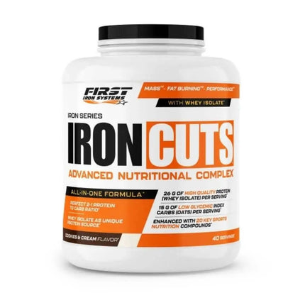 Iron Cuts Saveur Cookies & Cream - First Iron Systems | Complément alimentaire tout-en-un pour le développement musculaire sec et la définition, enrichi en protéines, BCAA, créatine et agents brûle-graisse.