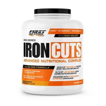Iron Cuts Saveur Pêche Abricot Milkshake - First Iron Systems | Complément alimentaire tout-en-un pour le développement musculaire sec et la définition, enrichi en protéines, BCAA, créatine et agents brûle-graisse.