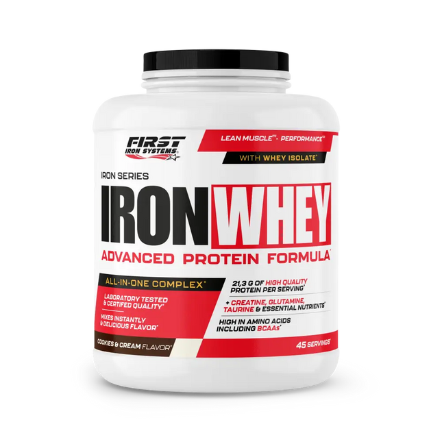 White plastic container with black lid and red and black iron whey 1500g label whey protéine tout-en-un filtrés à basse température