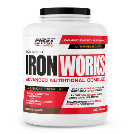 Conteneur plastique blanc avec couvercle noir et étiquette rouge noir iron works pour complexe nutritionnel tout-en-un chocolat 1100g