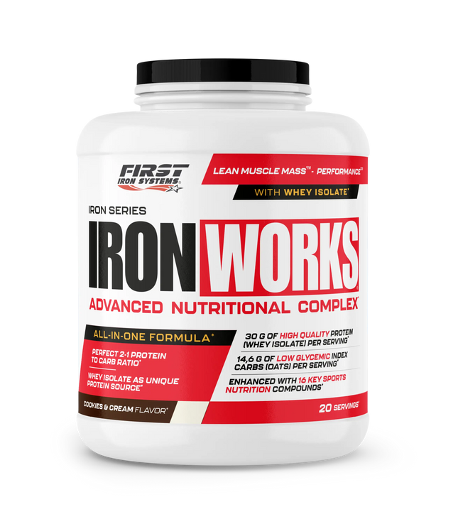 Conteneur plastique blanc avec couvercle noir étiqueté iron works par first iron systems pour complexe nutritionnel tout-en-un