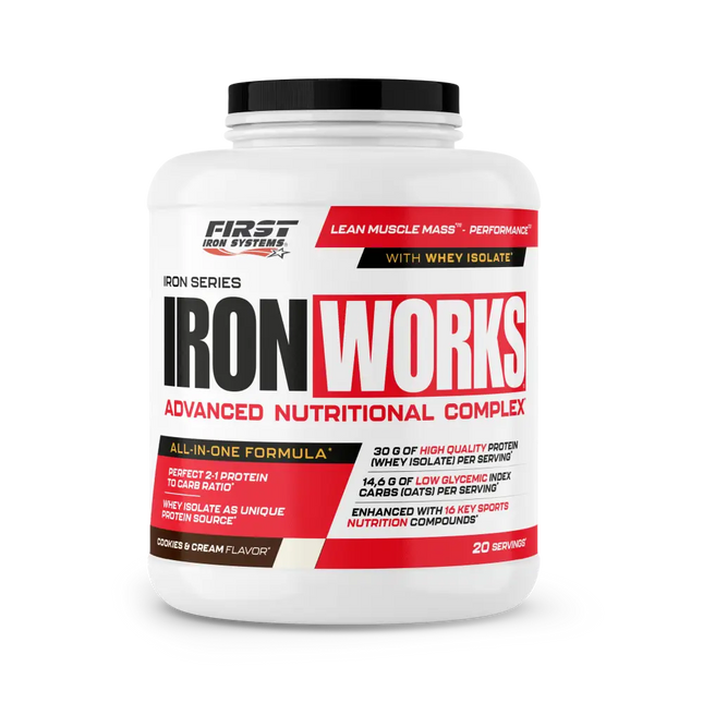 Conteneur plastique blanc avec couvercle noir étiqueté iron works par first iron systems pour complexe nutritionnel tout-en-un