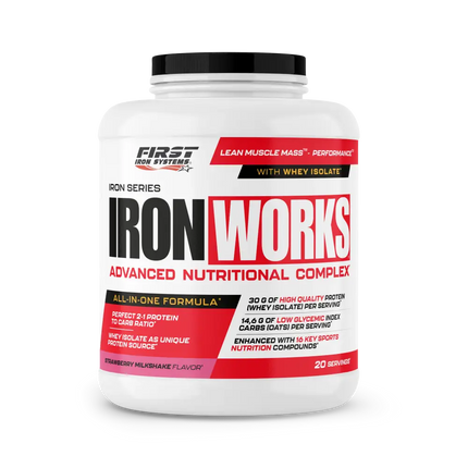 Contenant blanc en plastique avec couvercle noir et étiquette rouge et noir iron works pour complexe nutritionnel tout-en-un iron works 1100g