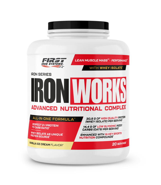 Pot de plastique blanc avec lid noir et étiquette iron works rouge jaune noir poudre protéinée vanille complexe nutritionnel tout-en-un