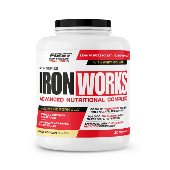 Pot de plastique blanc avec lid noir et étiquette iron works rouge jaune noir poudre protéinée vanille complexe nutritionnel tout-en-un