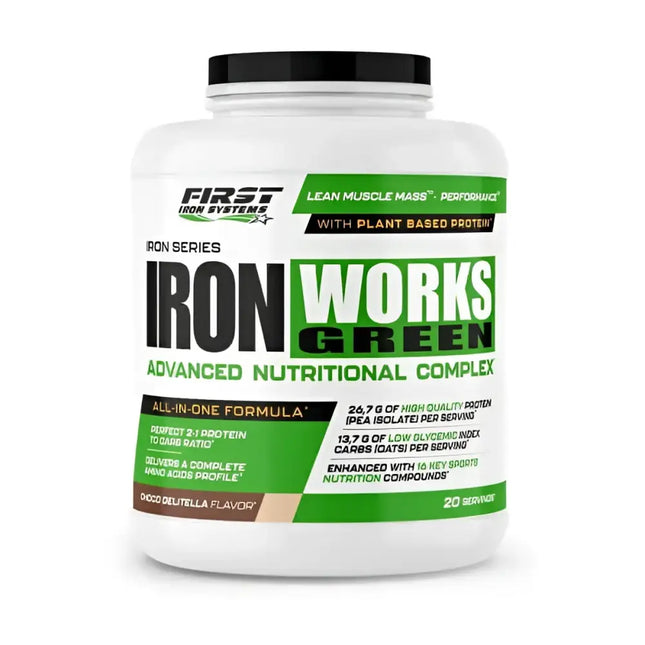 Iron Works Green 1100g Saveur Chocolat Delitella - First Iron Systems | Gainer vegan à base d'isolat de protéine de pois et farine d'avoine complète pour une prise de masse musculaire de qualité.