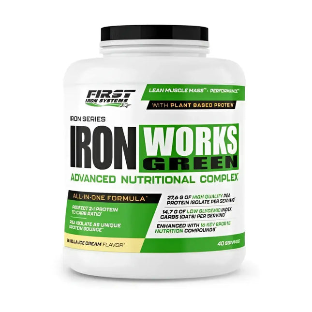 Iron Works Green 1100g Saveur Vanille Crème Glacée - First Iron Systems | Gainer vegan à base d'isolat de protéine de pois et farine d'avoine complète pour une prise de masse musculaire de qualité.