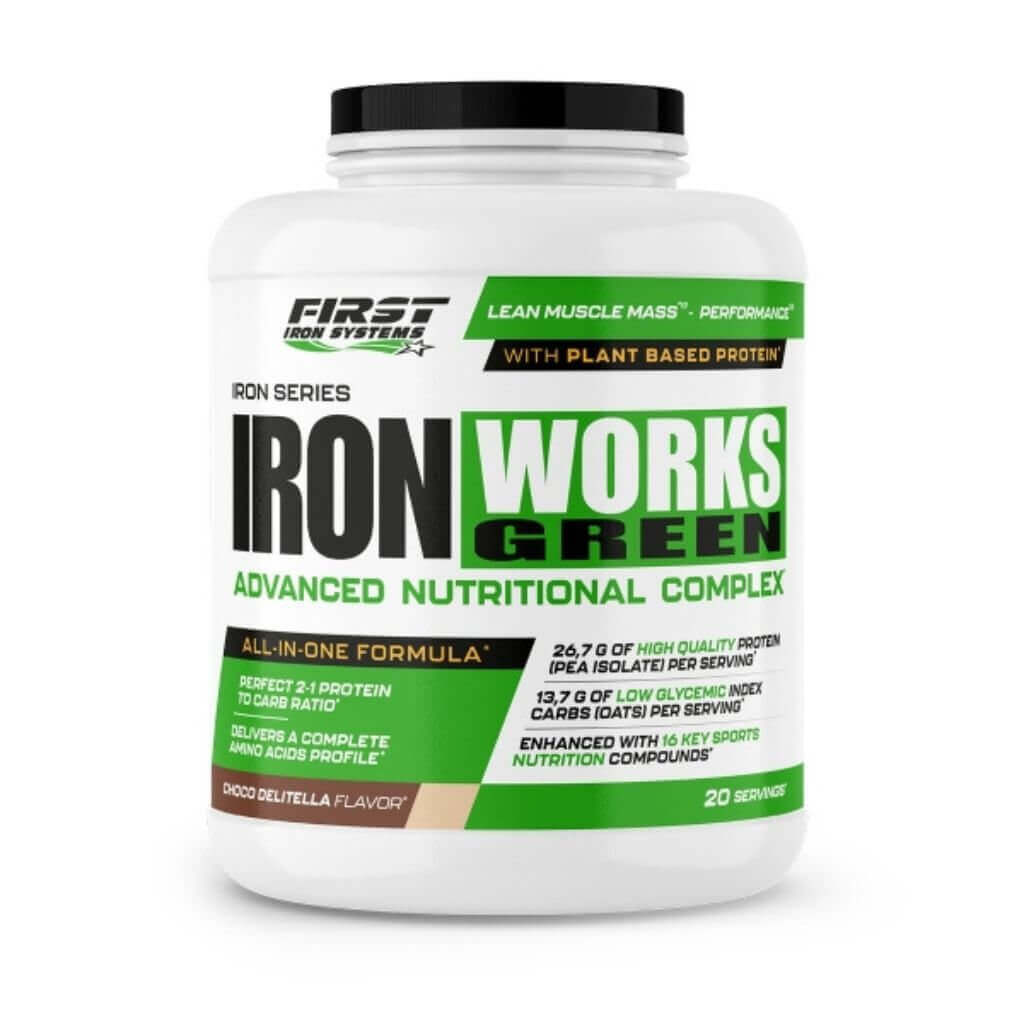 Iron Works Green 2200g Saveur Chocolat Delitella - First Iron Systems | Gainer vegan à base d'isolat de protéine de pois et farine d'avoine complète pour une prise de masse musculaire de qualité.